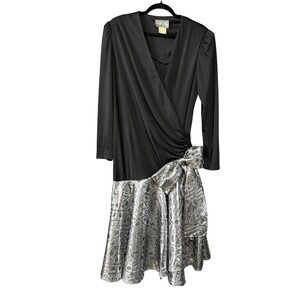 Vintage Edith Flagg Dress Womens‎ 14 Black Silver Metallic Wrap Bow Made USA 80s